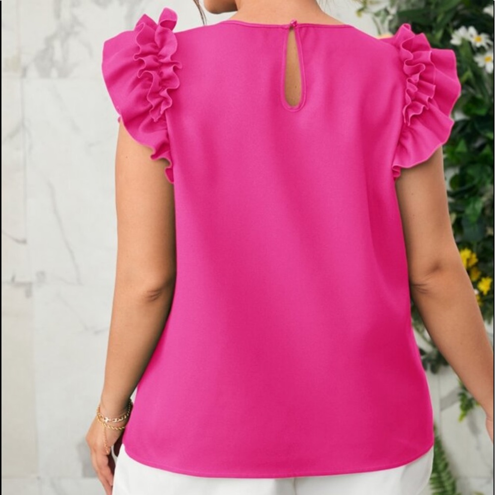 Plus Size Ruffle Cap Sleeve Office Work Top Blouse Blue - Picture 9 of 10